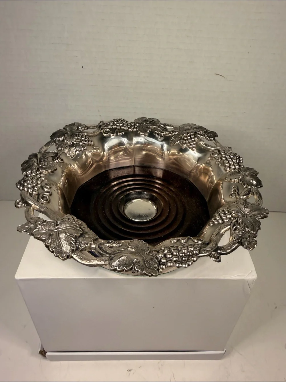 Corbell & Co Vintage Silver Plate Grape Motif Wine Bottle Coaster with Wood